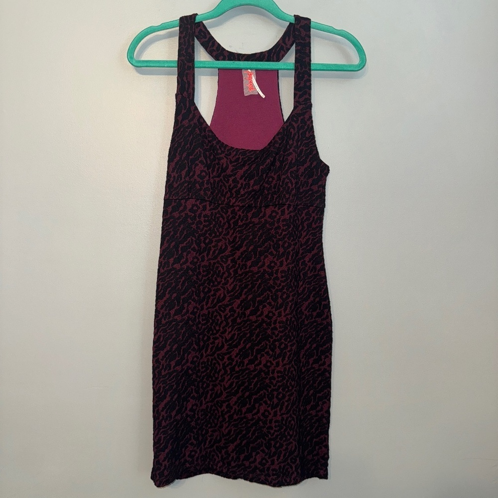 EUC Free People Rose Wine Leopard Jersey Mini Bodycon Tunic Party Dress Medium - Picture 2 of 5